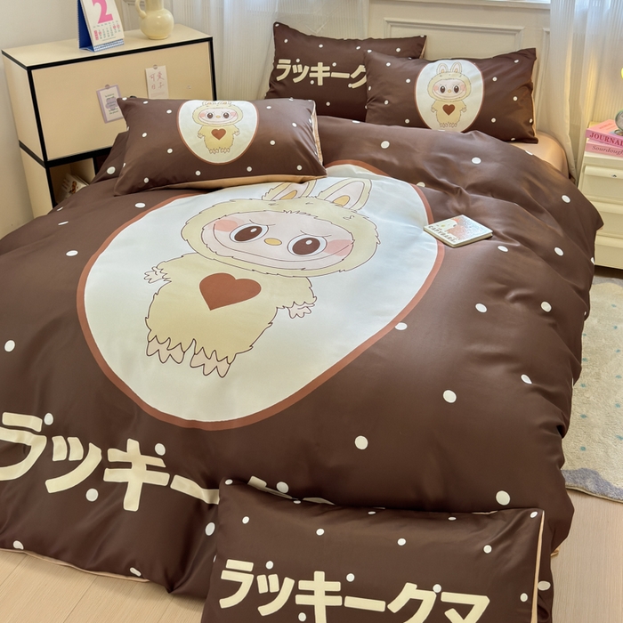 91家纺网 家纺一手货源 找家纺 摩卡（乐趣） 2025新款水洗真丝数码印花卡通兔系列四件套 咖啡兔