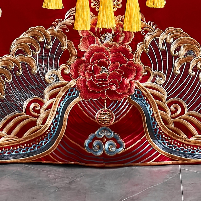 91家纺网 家纺一手货源 找家纺 慕她家纺 慕她婚庆四件套大红色磨毛亲肤棉刺绣结婚工艺款床上用品 龙凤喝彩