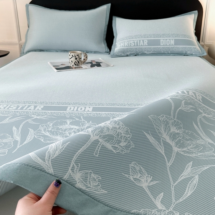 91家纺网 家纺一手货源 找家纺 慕尚家纺 2025春夏新款凉感冰丝提花凉席三件套 水仙 蓝