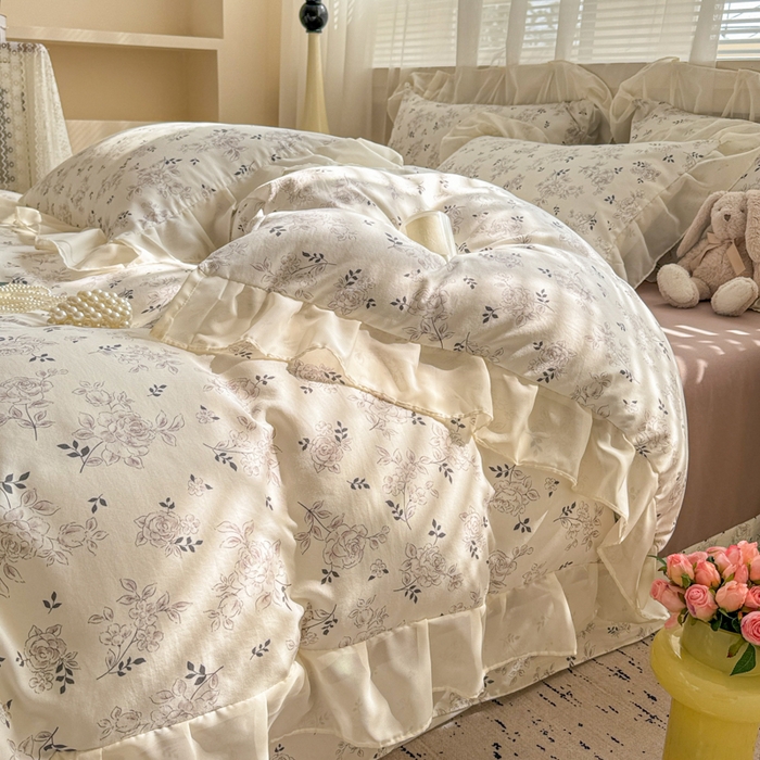 91家纺网 家纺一手货源 找家纺 芯贝儿 2025新款提花针织水洗m双层纱床盖四件套 漫塔玫瑰