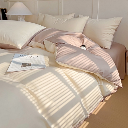 凯洛奇 2025新款简约纯色四件套水洗真丝四件套冰丝四件套 奶昔白+卡其色