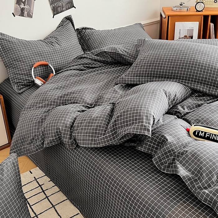 91家纺网 家纺一手货源 找家纺 罗菲尼酒店用品 2025新款磨毛亲肤飞边款四件套 黑小格