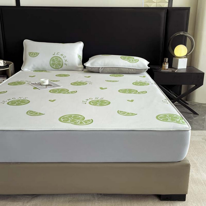 91家纺网 家纺一手货源 找家纺 2025新款印花冰丝凉席反面无纺布 冰丝-床笠款-青柠檬