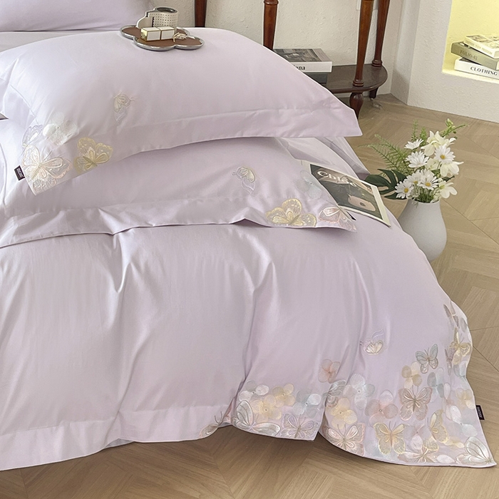 91家纺网 家纺一手货源 找家纺 春夏A类长绒棉夹棉床盖床笠四件套全棉纯棉纯色绗绣四季款保护罩高级感床上用品 茉婉-黛紫