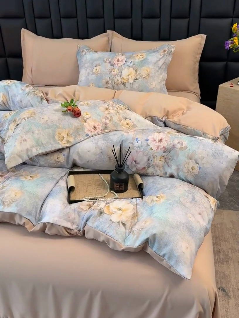 91家纺网 家纺一手货源 找家纺 竹合 2025新款数码印花轻奢凉感四件套 希雅咖