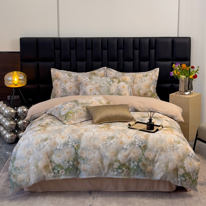 91家纺网 家纺一手货源 找家纺 竹合 2025新款数码印花轻奢凉感四件套 虞美人咖