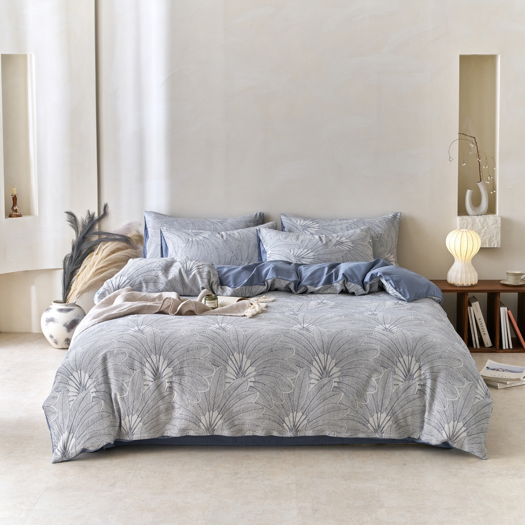 91家纺网 家纺一手货源 找家纺 金丝鸟2025新款全棉纯棉三层纱提花四件套 耶鲁斯蓝