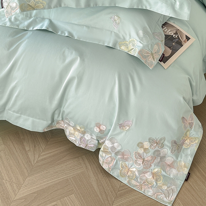 91家纺网 家纺一手货源 找家纺 直播爆款A类100支长绒棉夹棉床盖床笠四件套全棉纯棉床单加厚高端重工刺绣四季款床上用品 茉婉-茶绿