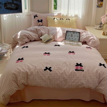 北欧良品 2025新款A类色织水洗棉毛巾绣蝴蝶结少女系列单被套 蝴蝶结-奶油格粉+粉黄