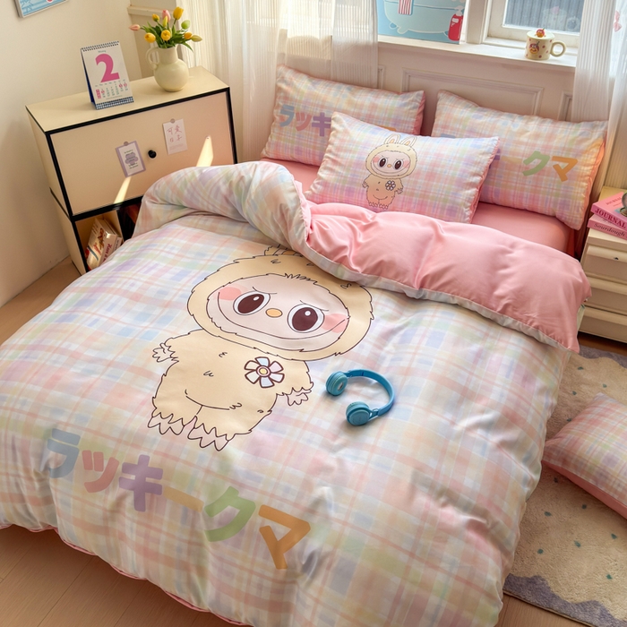 91家纺网 家纺一手货源 找家纺 摩卡（乐趣） 2025新款水洗真丝数码印花卡通兔系列四件套 啾咪兔