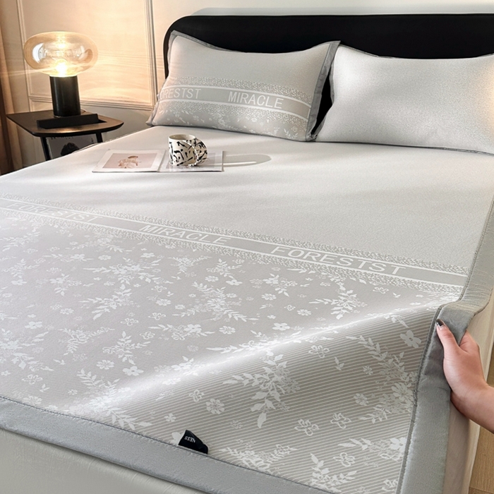 91家纺网 家纺一手货源 找家纺 慕尚家纺 2025春夏新款凉感冰丝提花凉席三件套 海棠 灰