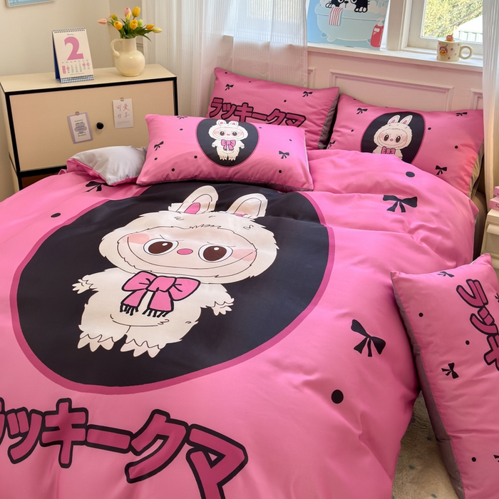 91家纺网 家纺一手货源 找家纺 摩卡（乐趣） 2025新款水洗真丝数码印花卡通兔系列四件套 兔小懒