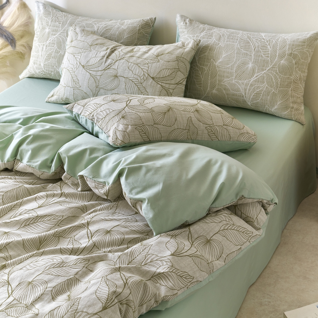 91家纺网 家纺一手货源 找家纺 金丝鸟2025新款全棉纯棉三层纱提花四件套 小叶雨林 绿