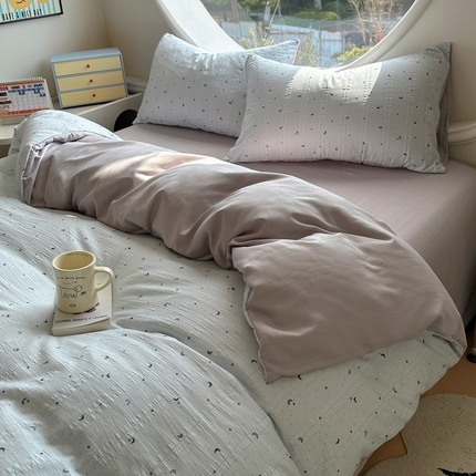 王朝国际 2025新款皱皱棉印花四件套 星空蓝