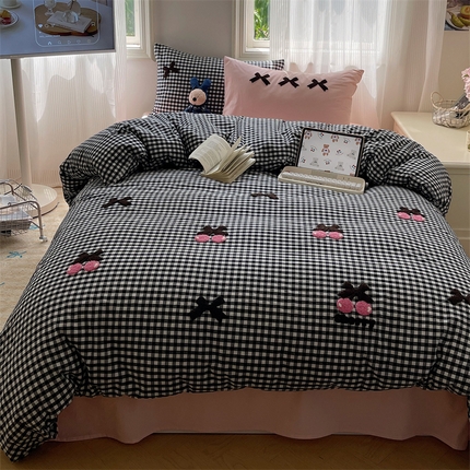 北欧良品 2025新款A类色织水洗棉毛巾绣蝴蝶结少女系列单被套 蝴蝶结-黑白小格+粉粉