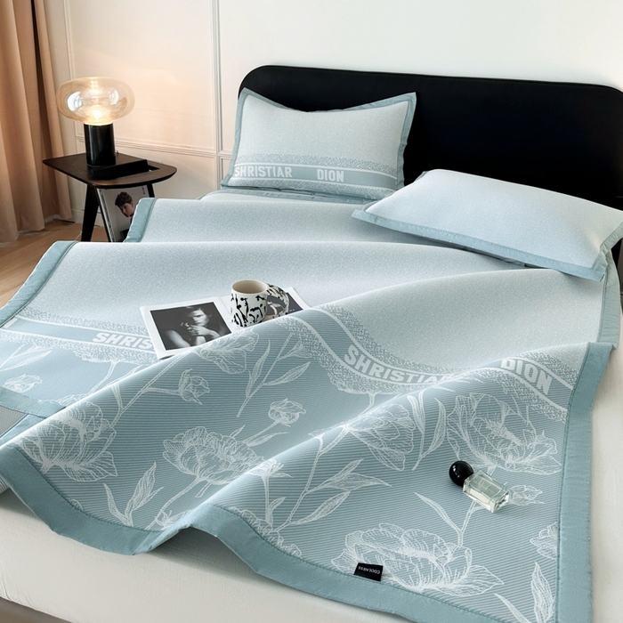 91家纺网 家纺一手货源 找家纺 慕尚家纺 2025春夏新款凉感冰丝提花凉席三件套 水仙 蓝