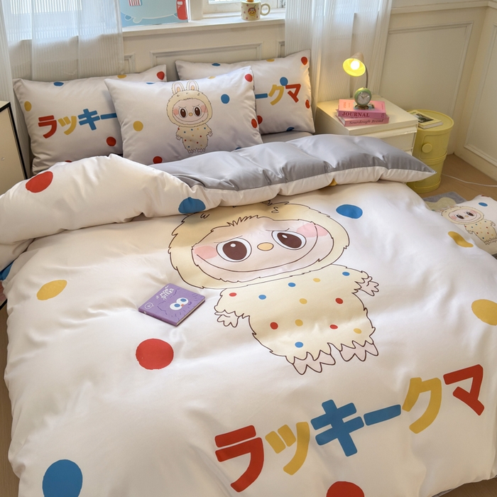 91家纺网 家纺一手货源 找家纺 摩卡（乐趣） 2025新款水洗真丝数码印花卡通兔系列四件套 奶糕兔