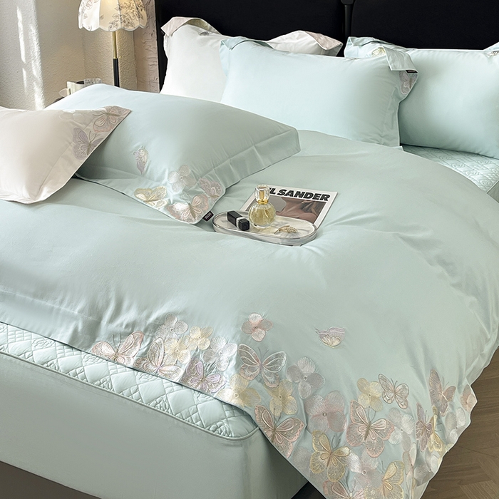 91家纺网 家纺一手货源 找家纺 直播爆款A类100支长绒棉夹棉床盖床笠四件套全棉纯棉床单加厚高端重工刺绣四季款床上用品 茉婉-茶绿