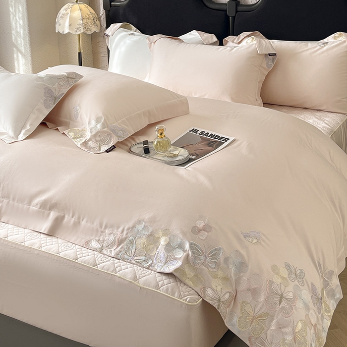 91家纺网 家纺一手货源 找家纺 直播爆款A类100支长绒棉夹棉床盖床笠四件套全棉纯棉床单加厚高端重工刺绣四季款床上用品 茉婉-颜粉