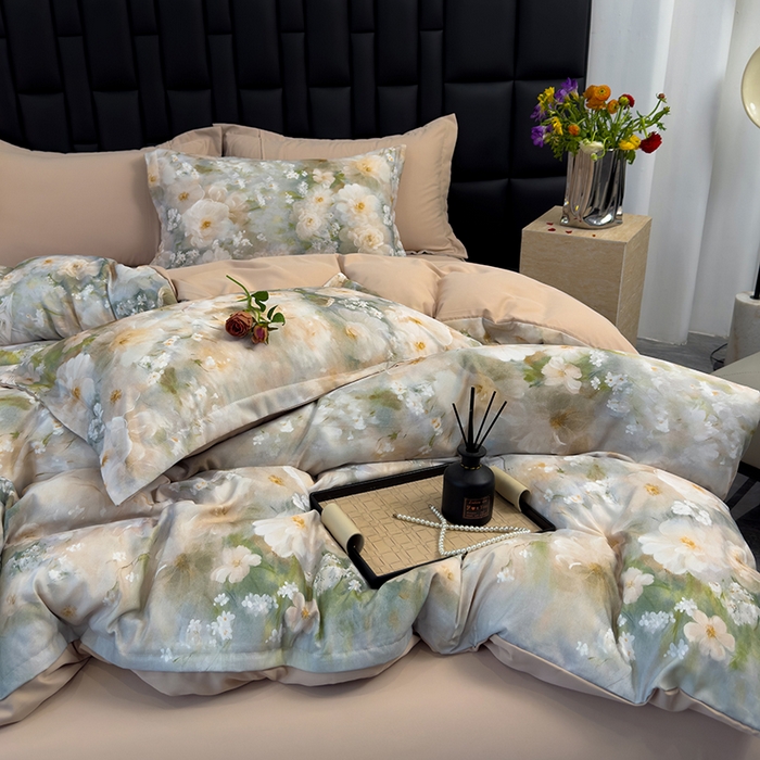 91家纺网 家纺一手货源 找家纺 竹合 2025新款数码印花轻奢凉感四件套 虞美人咖