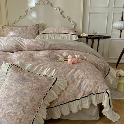 巧玲珑 2025新款法式蕾丝印花60支进口长绒棉四件套 繁花似锦-咖