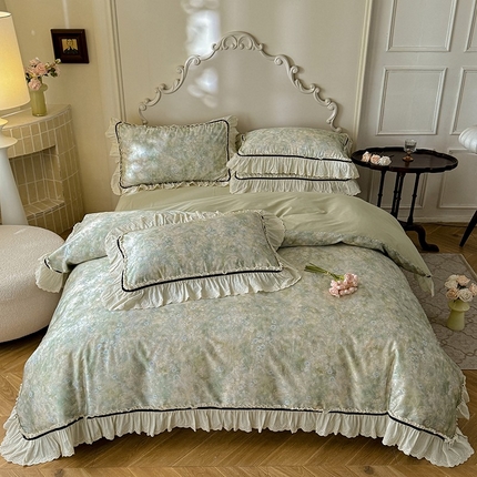 91家纺网 家纺一手货源 找家纺 （总）巧玲珑 2025新款法式蕾丝大花边印花60支进口长绒棉四件套