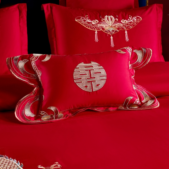 91家纺网 家纺一手货源 找家纺 慕她家纺 慕她婚庆四件套大红色磨毛亲肤棉刺绣结婚工艺款床上用品 幸福龙凤