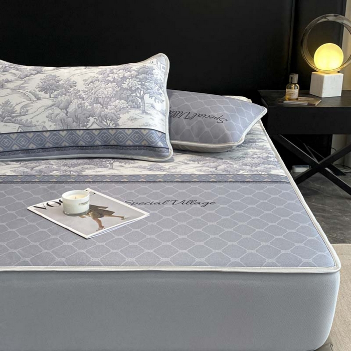 91家纺网 家纺一手货源 找家纺 2025新款印花冰丝凉席反面无纺布 冰丝-床笠款-花海