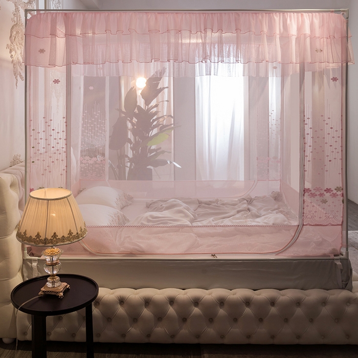 91家纺网 家纺一手货源 找家纺 飞轮海蚊帐 2025新款全底回底蚊帐方顶防摔坐床蚊帐-Z57风格二 嫩粉