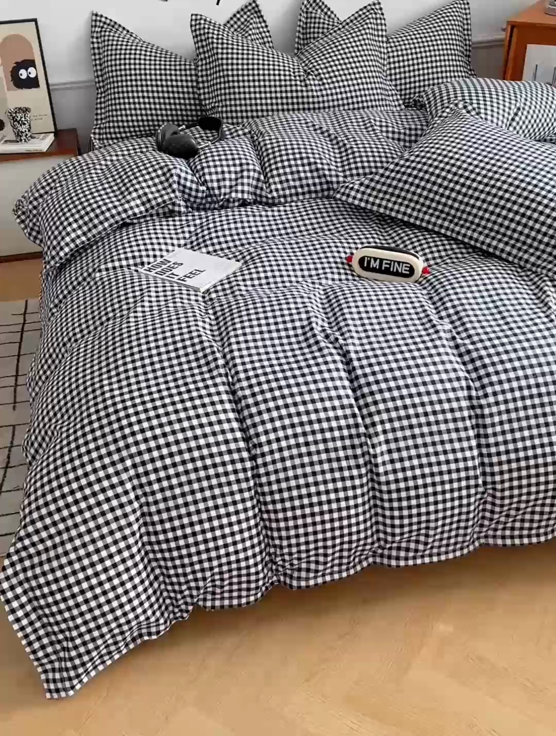 91家纺网 家纺一手货源 找家纺 罗菲尼酒店用品 2025新款磨毛亲肤飞边款四件套 黑白格