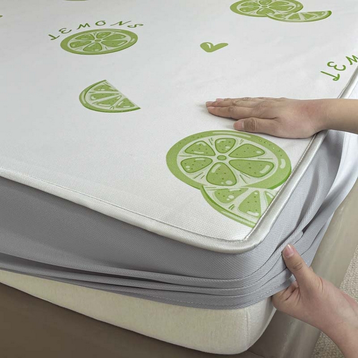 91家纺网 家纺一手货源 找家纺 2025新款印花冰丝凉席反面无纺布 冰丝-床笠款-青柠檬