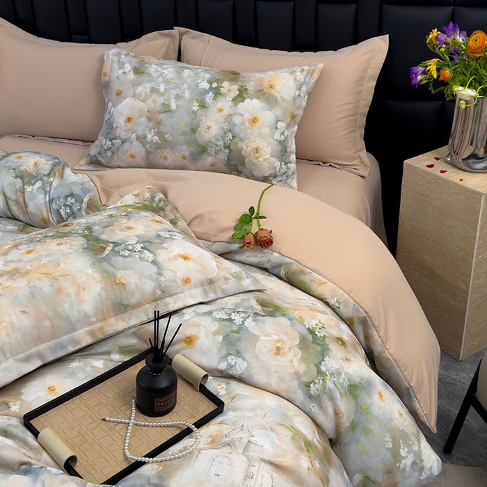 91家纺网 家纺一手货源 找家纺 竹合 2025新款数码印花轻奢凉感四件套 虞美人咖