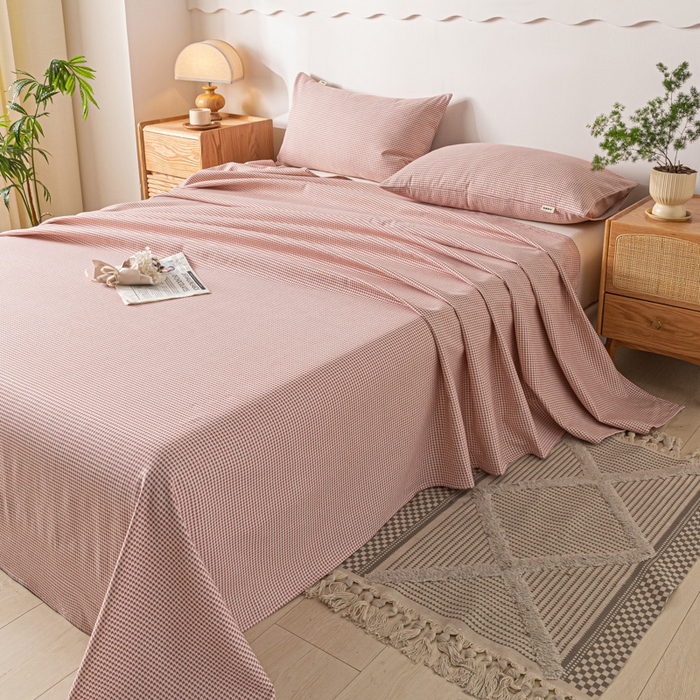 91家纺网 家纺一手货源 找家纺 阿亮家居 2025新款原棉老粗布床单系列 千鸟格-豆粉