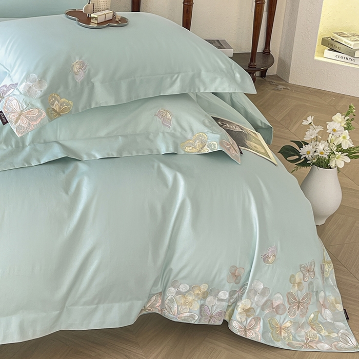 91家纺网 家纺一手货源 找家纺 春夏A类长绒棉夹棉床盖床笠四件套全棉纯棉纯色绗绣四季款保护罩高级感床上用品 茉婉-茶绿