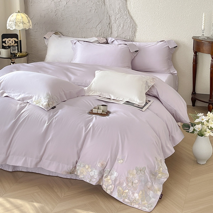 91家纺网 家纺一手货源 找家纺 直播爆款A类100支长绒棉夹棉床盖床笠四件套全棉纯棉床单加厚高端重工刺绣四季款床上用品 茉婉-黛紫