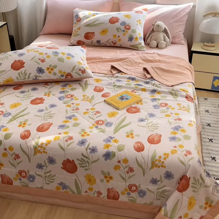 91家纺网 家纺一手货源 找家纺 寐眠 2025新款全棉印花夏被 夏被四件套 花间