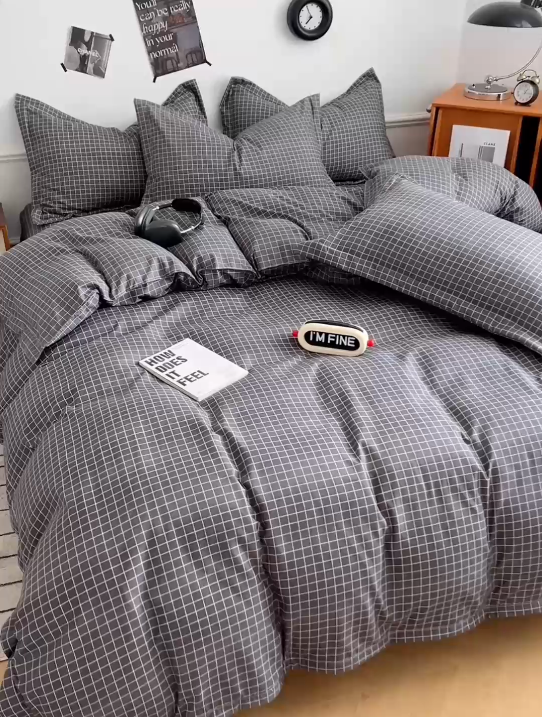 91家纺网 家纺一手货源 找家纺 罗菲尼酒店用品 2025新款磨毛亲肤飞边款四件套 黑小格