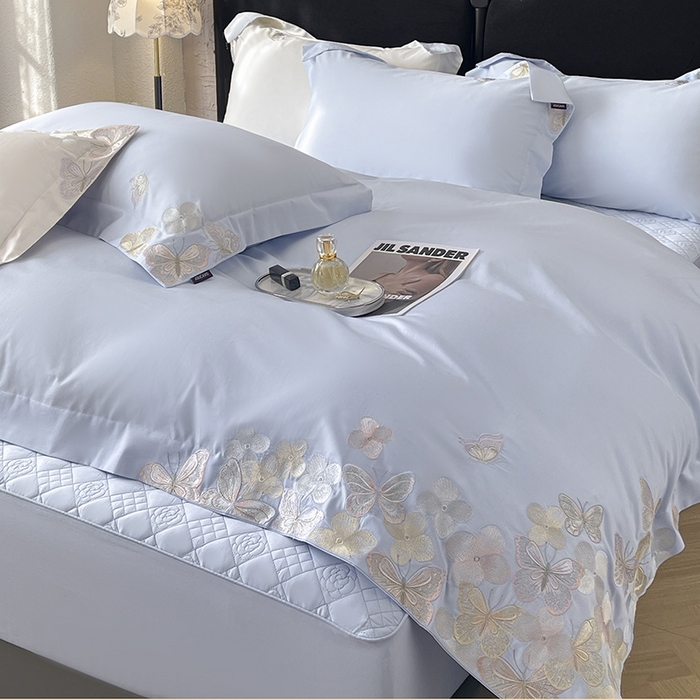 91家纺网 家纺一手货源 找家纺 直播爆款A类100支长绒棉夹棉床盖床笠四件套全棉纯棉床单加厚高端重工刺绣四季款床上用品 茉婉-慕蓝