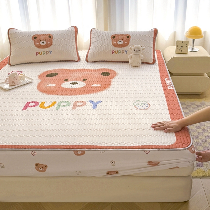 91家纺网 家纺一手货源 找家纺 希廷顿 2025新款大版印花乳胶凉席床笠款三件套 PUPPY熊