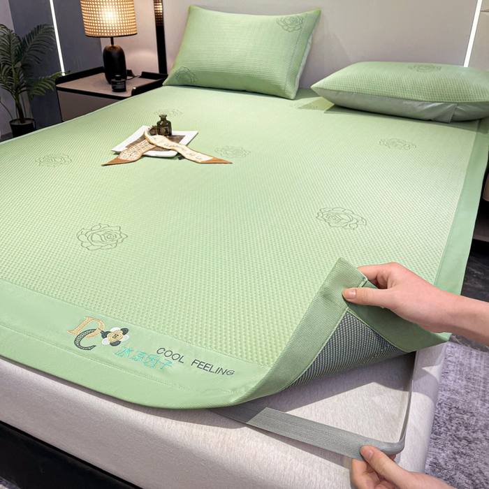 91家纺网 家纺一手货源 找家纺 阿亮家居 2025新款刺绣款凉豆豆凉席 凉豆豆-玫瑰绿色