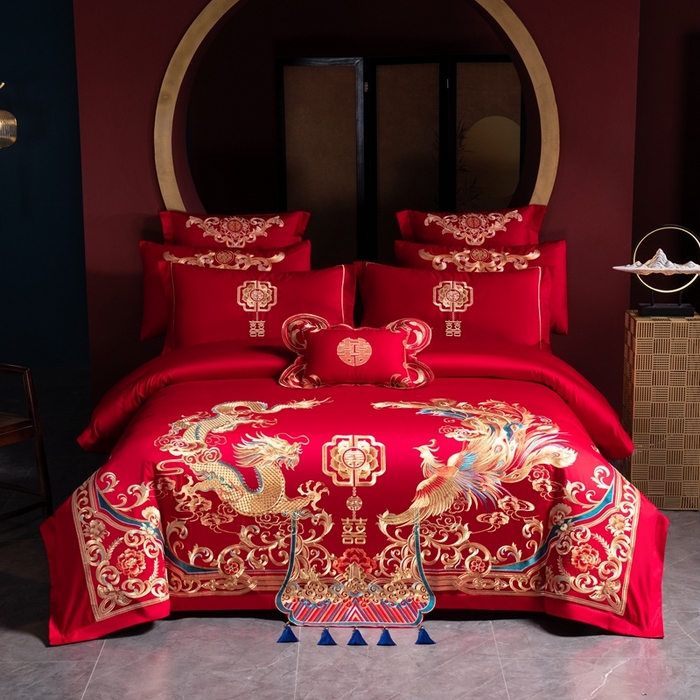 91家纺网 家纺一手货源 找家纺 慕她家纺 慕她婚庆四件套大红色磨毛亲肤棉刺绣结婚工艺款床上用品 挚恋龙凤