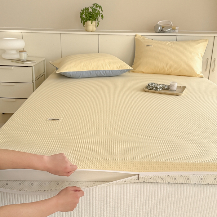 91家纺网 家纺一手货源 找家纺 眠博士 2025新款A类学生床全棉华夫格床垫套 全棉华夫格床垫套 奶黄色