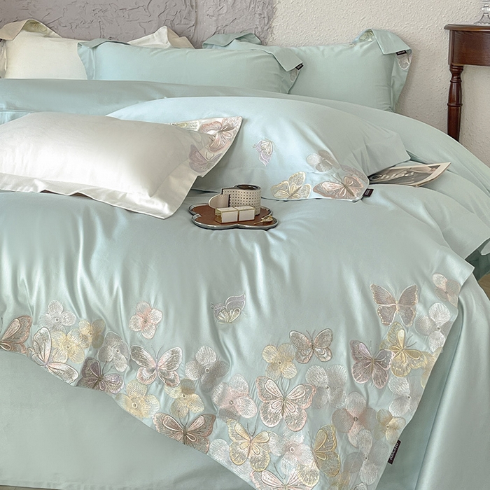 91家纺网 家纺一手货源 找家纺 春夏A类长绒棉夹棉床盖床笠四件套全棉纯棉纯色绗绣四季款保护罩高级感床上用品 茉婉-茶绿