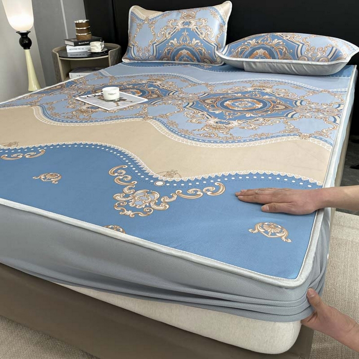 91家纺网 家纺一手货源 找家纺 2025新款印花冰丝凉席反面无纺布 冰丝-床笠款-雅典蓝