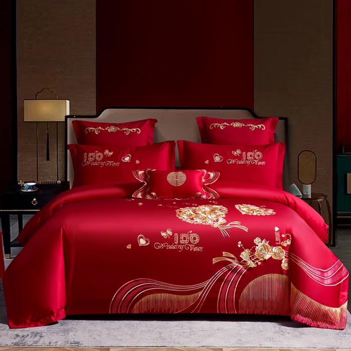 91家纺网 家纺一手货源 找家纺 慕她家纺 慕她婚庆四件套大红色磨毛亲肤棉刺绣结婚工艺款床上用品 两心相悦