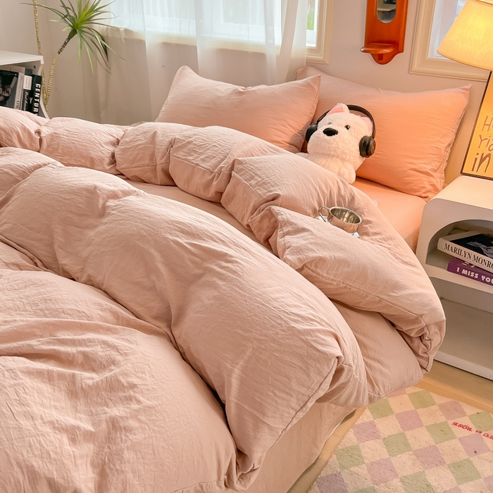 91家纺网 家纺一手货源 找家纺 韩巢家纺 2025新款ins日式风超柔水洗棉四件套 -纯色（提供卖家秀） 水洗棉奶咖