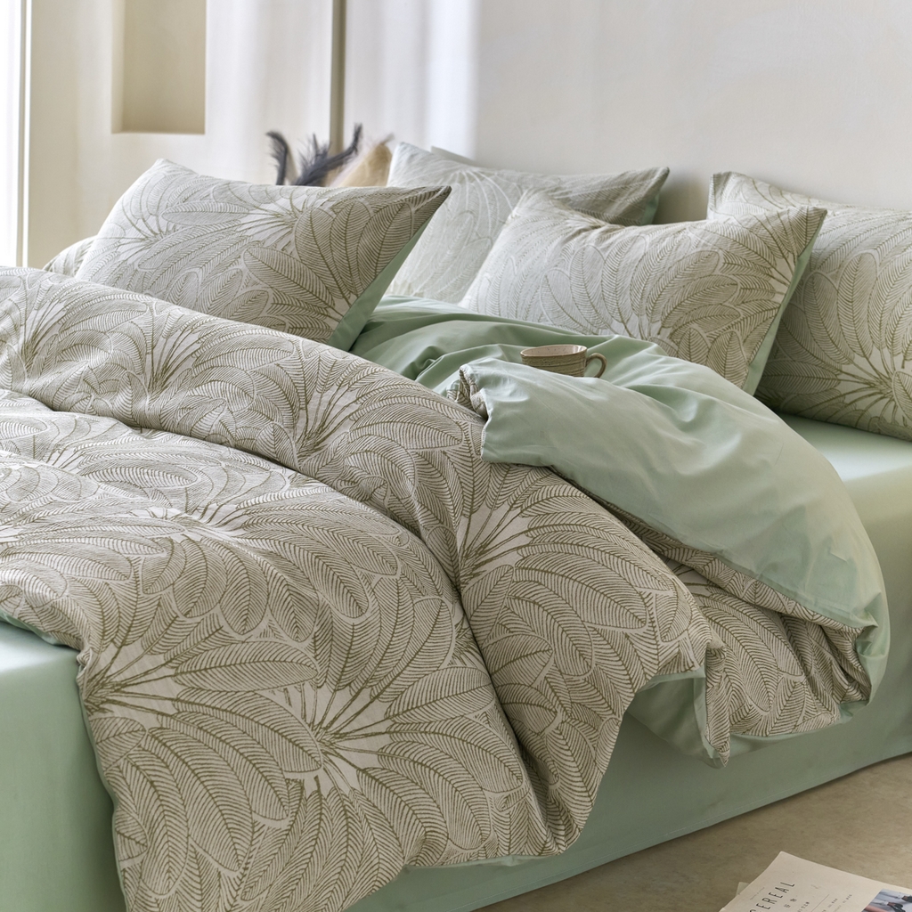 91家纺网 家纺一手货源 找家纺 金丝鸟2025新款全棉纯棉三层纱提花四件套 耶鲁斯绿