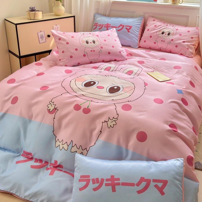 91家纺网 家纺一手货源 找家纺 摩卡（乐趣） 2025新款水洗真丝数码印花卡通兔系列四件套 布丁兔