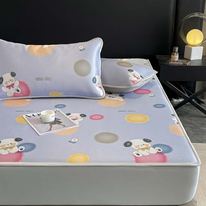 91家纺网 家纺一手货源 找家纺 2025新款印花冰丝凉席反面无纺布 冰丝-床笠款-萌萌犬