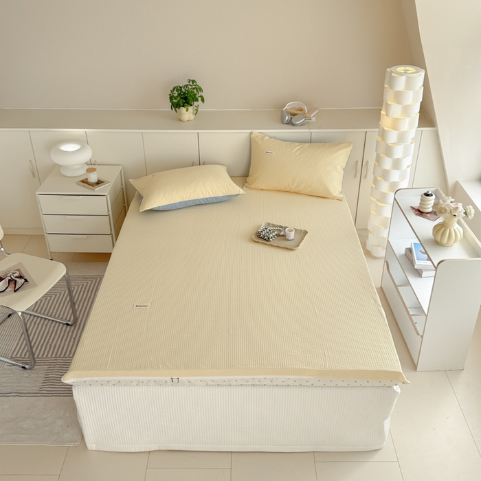 91家纺网 家纺一手货源 找家纺 眠博士 2025新款A类学生床全棉华夫格床垫套 全棉华夫格床垫套 奶黄色